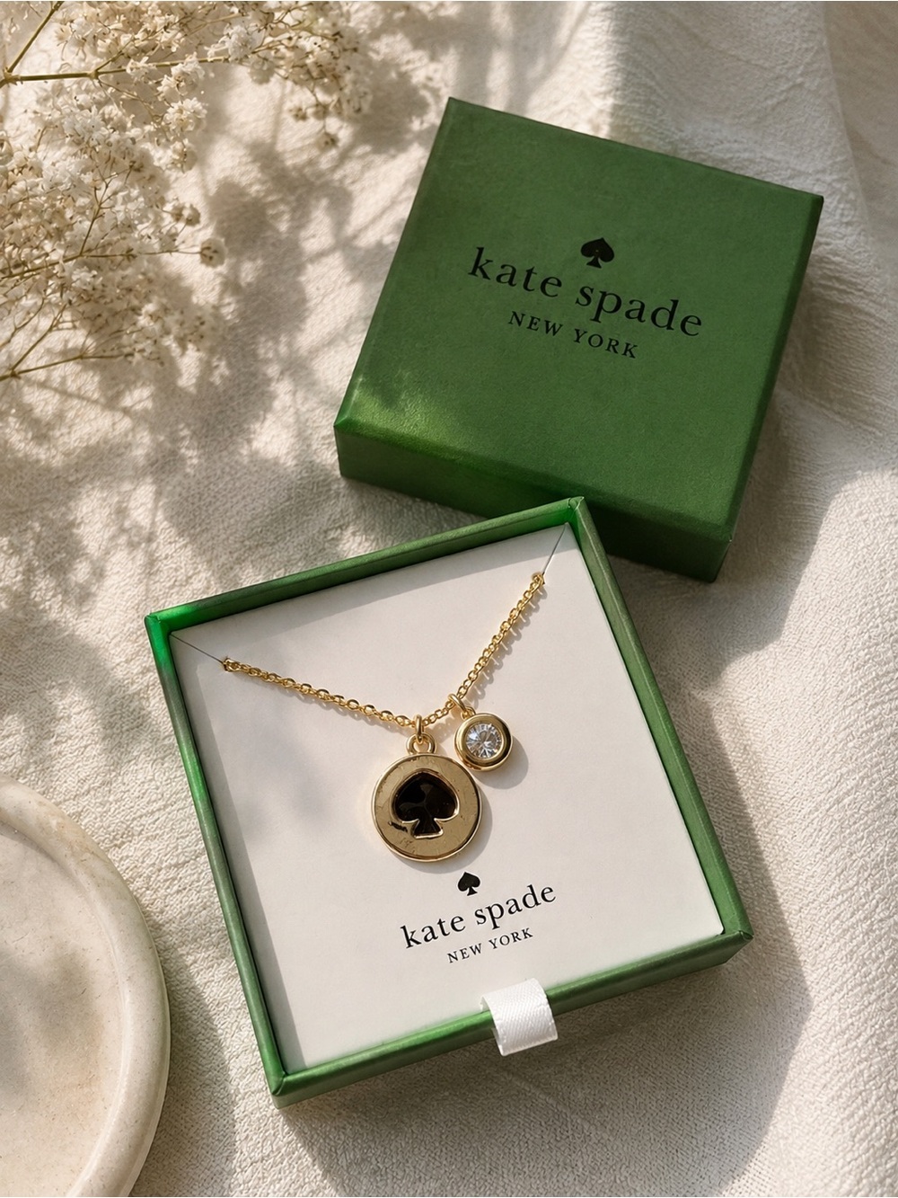 kate spade Gold Tone Spade Pendant Necklace with Clear CZ Charm